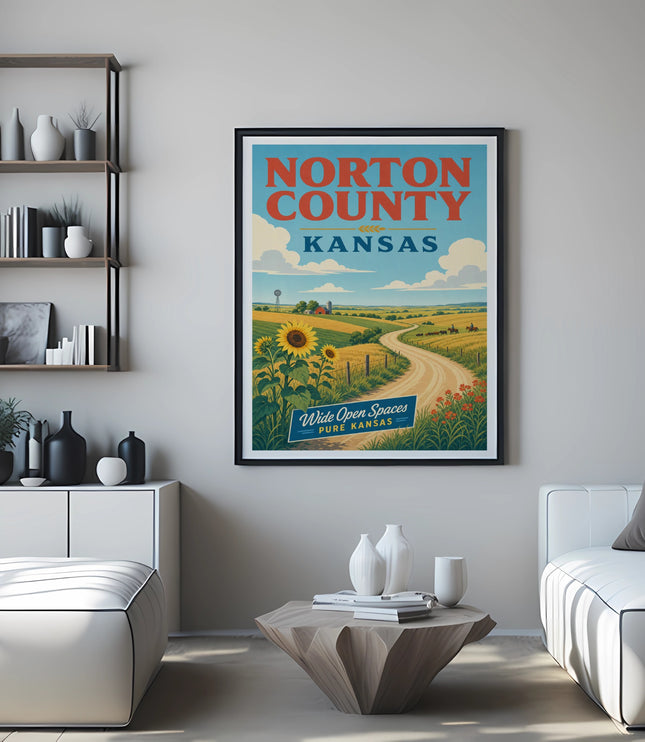 Poster of Norton County, Kansas featuring farmland, windmills, and open spaces.