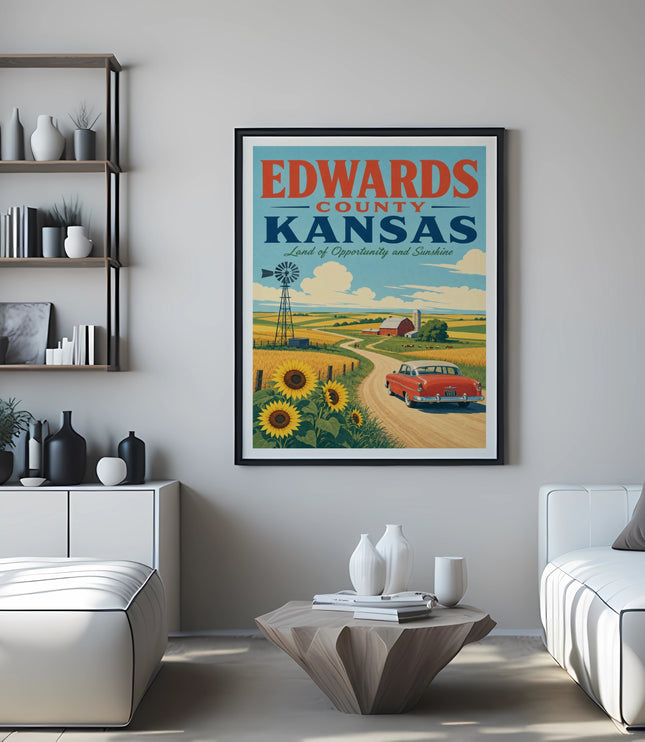Retro poster for Edwards County, Kansas, featuring a red car and sunflowers.