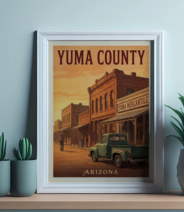 Vintage Yuma County Arizona poster with brick buildings, a green truck, and an Arizona inscription.