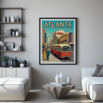 Vintage Atlanta, Georgia transit poster with tram and building advertisements.
