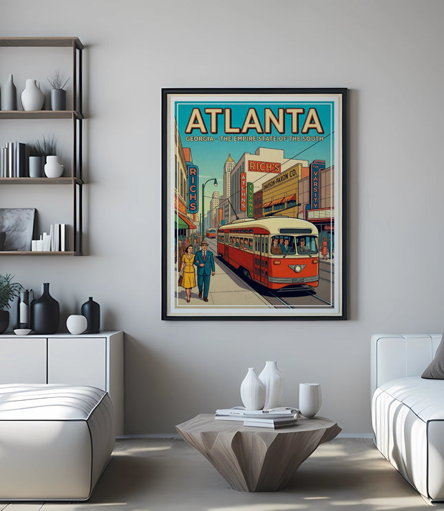 Vintage Atlanta, Georgia transit poster with tram and building advertisements.