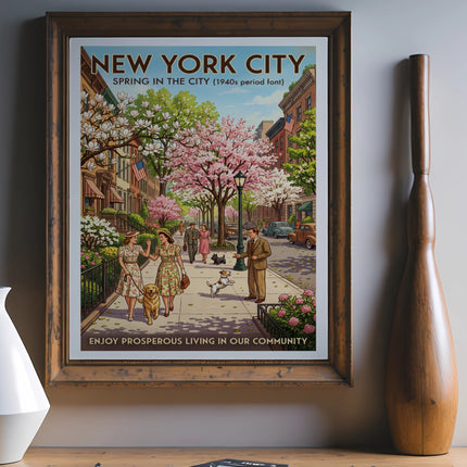 New York City vintage poster, spring scene with people and dogs.