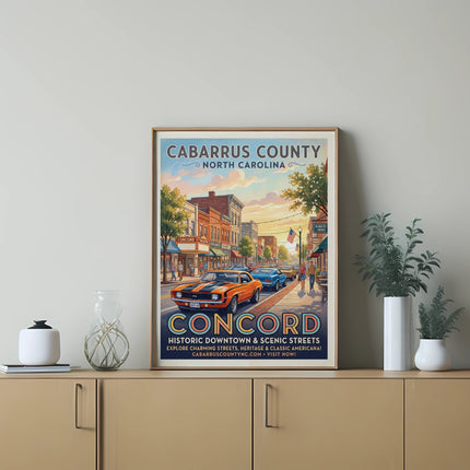 Vintage poster of Cabarrus County, North Carolina, showing Concord downtown with classic cars.
