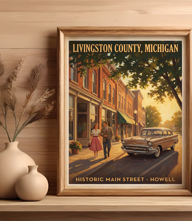 LIVINGSTON COUNTY, MICHIGAN Historic Main Street - Howell poster with couple and car.