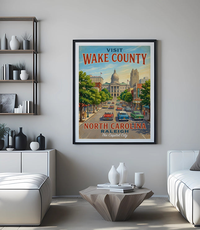 Vintage poster for Wake County, North Carolina, featuring downtown Raleigh and the capitol building.
