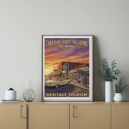 Poster featuring El Reno, Oklahoma, Route 66, a diner, and a classic car.