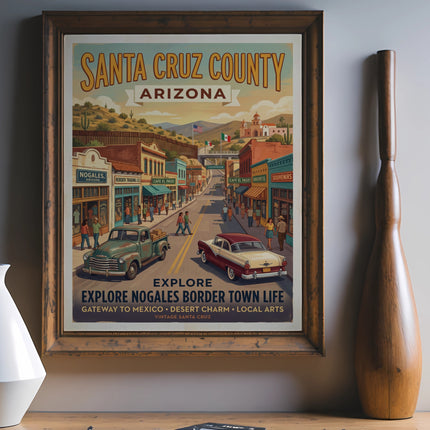 Vintage poster for Santa Cruz County, Arizona, showing Nogales border town.