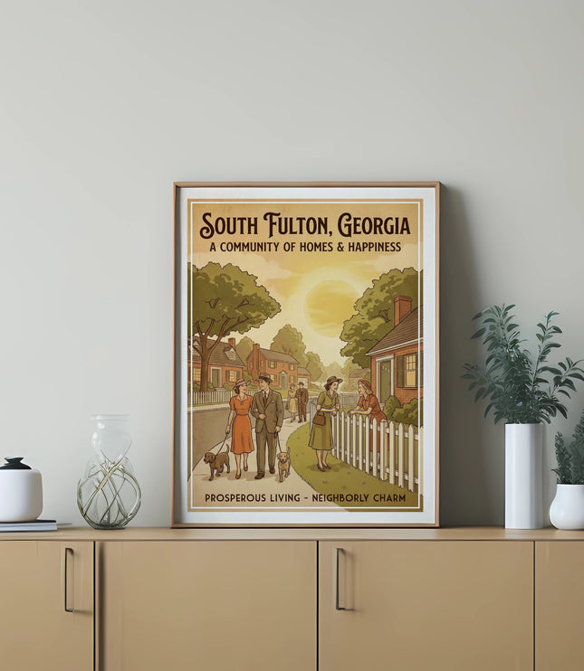 Poster with "South Fulton, Georgia" and people walking dogs in a town.