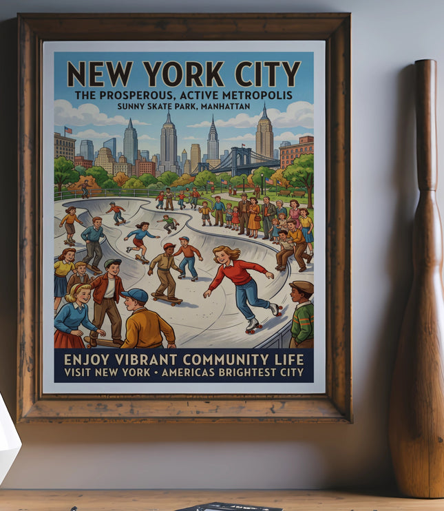 New York City poster with people skateboarding in Sunny Skate Park, Manhattan.
