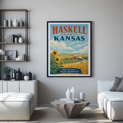 Poster of Haskell County, Kansas featuring sunflowers, a farm, and wide horizons.