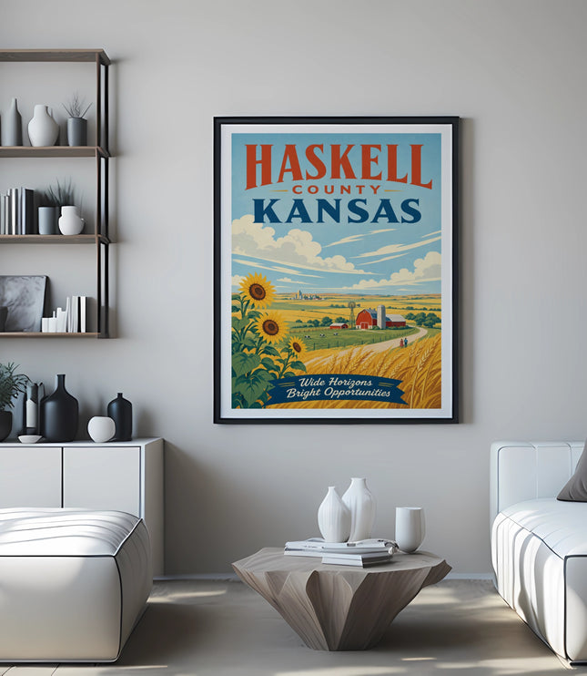 Poster of Haskell County, Kansas featuring sunflowers, a farm, and wide horizons.