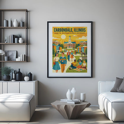 Carbondale, Illinois vintage travel poster with students and buildings.