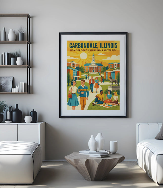 Carbondale, Illinois vintage travel poster with students and buildings.