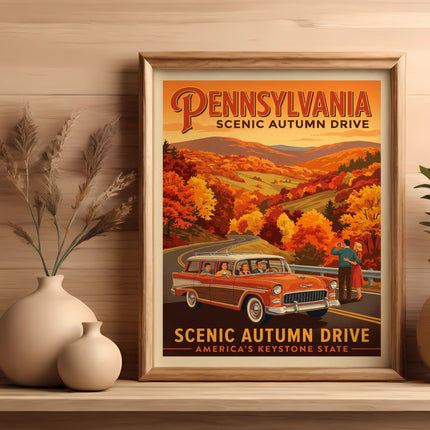 Framed vintage poster for Pennsylvania scenic autumn drive with retro car.