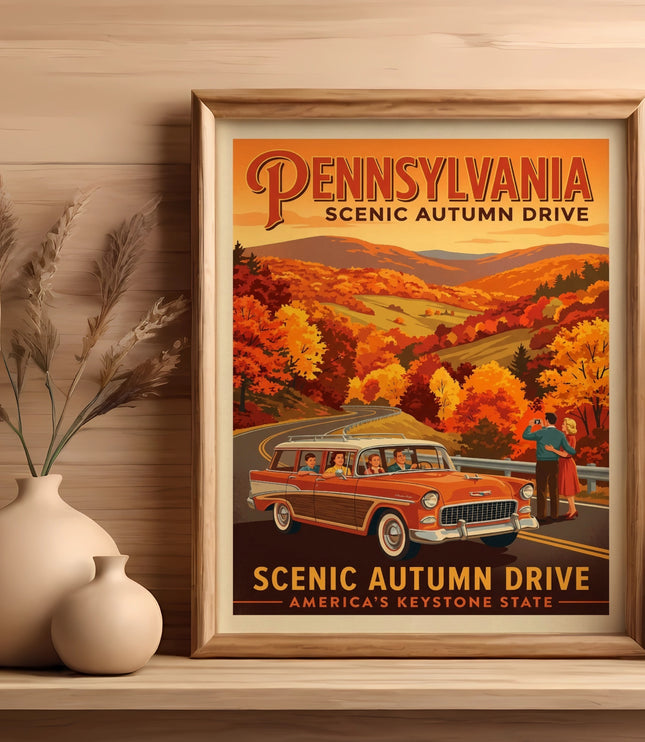 Framed vintage poster for Pennsylvania scenic autumn drive with retro car.