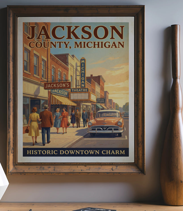 Jackson County, Michigan poster featuring historic downtown and Michigan Theatre.