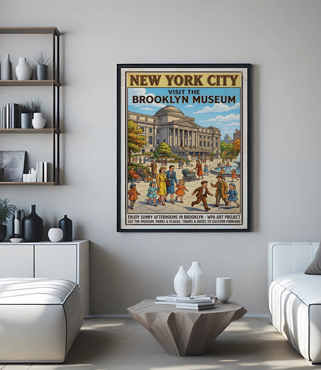New York City Brooklyn Museum poster with WPA Art Project text displayed in a living room.