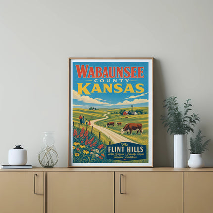 Vintage poster for Wabaunsee County, Kansas, featuring the Flint Hills and rolling farmland.