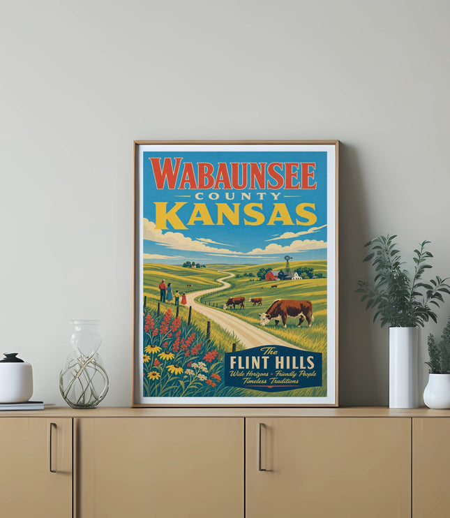 Vintage poster for Wabaunsee County, Kansas, featuring the Flint Hills and rolling farmland.