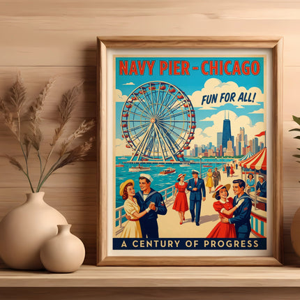 Vintage Navy Pier Chicago travel poster with Ferris wheel and skyline.