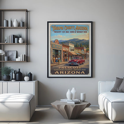 Vintage Prescott, Arizona poster featuring Whiskey Row street scene and red car.
