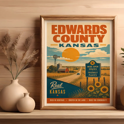 Edwards County, Kansas travel poster with farm scene and sunflowers.