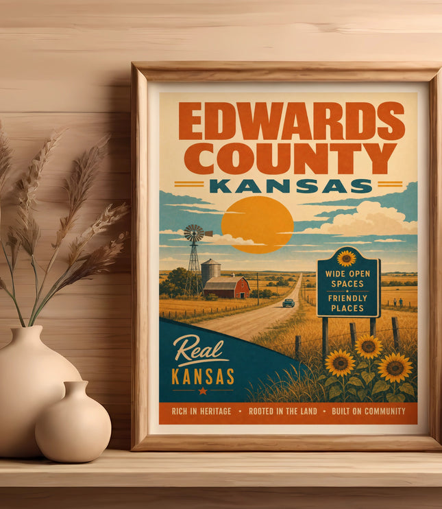Edwards County, Kansas travel poster with farm scene and sunflowers.