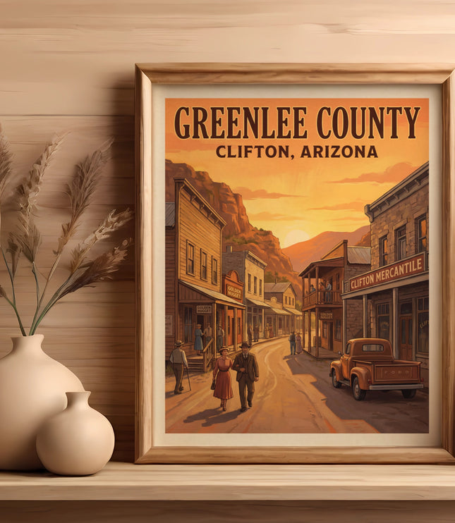 Greenlee County Clifton, Arizona vintage travel poster with street scene.