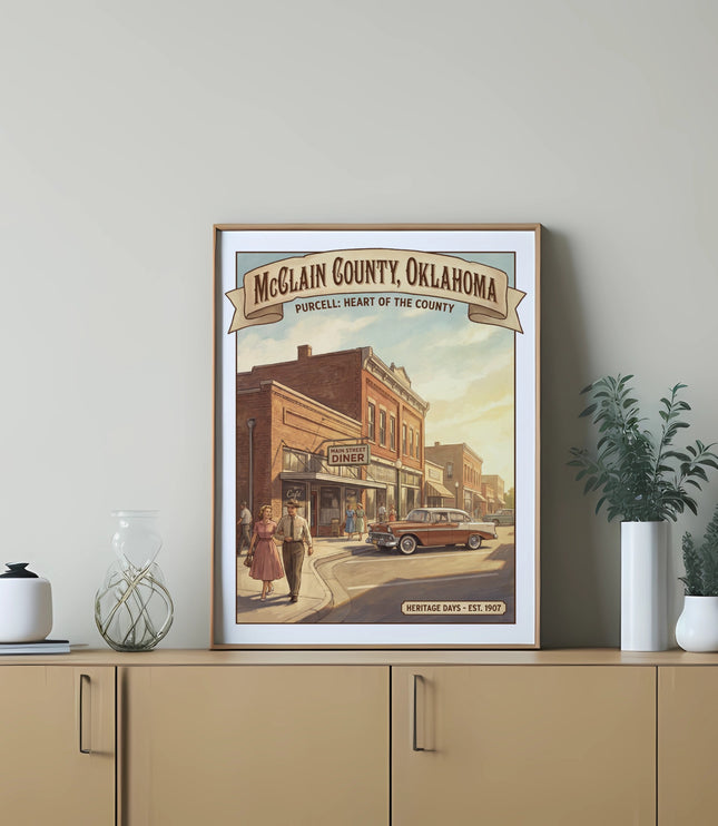 McClain County, Oklahoma poster of Purcell with Main Street Diner and vintage car.