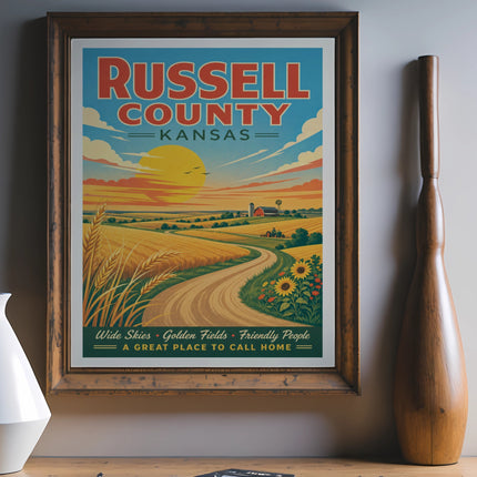 Russell County, Kansas travel poster with rural landscape and text.