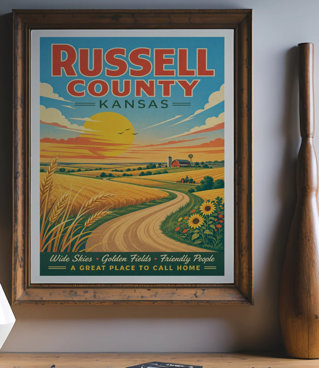 Russell County, Kansas travel poster with rural landscape and text.