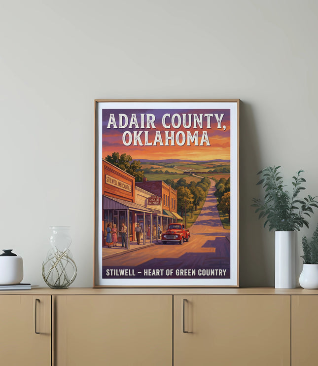 Adair County, Oklahoma vintage travel poster with Stilwell Mercantile and Dixie Diner.