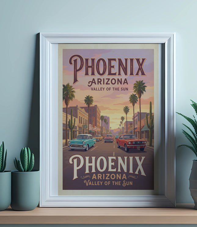 Framed vintage style poster of Phoenix, Arizona with cars and palm trees.