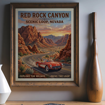 Red Rock Canyon Scenic Loop Nevada poster with red convertible driving desert road.