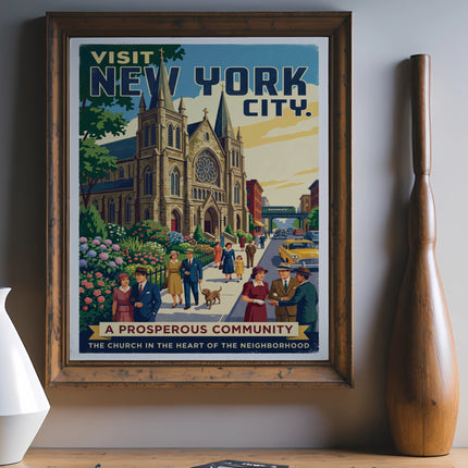 Vintage poster advertising New York City, featuring a church and people.