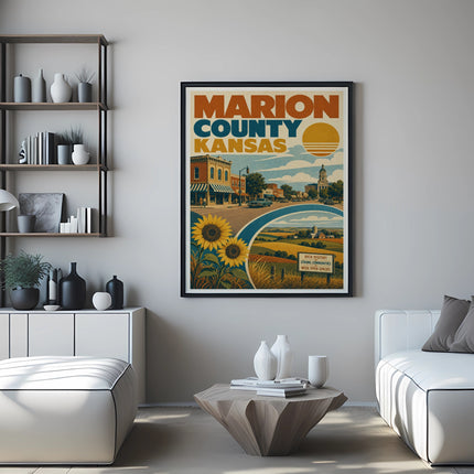 Marion County Kansas vintage travel poster with sunflowers and a town scene.