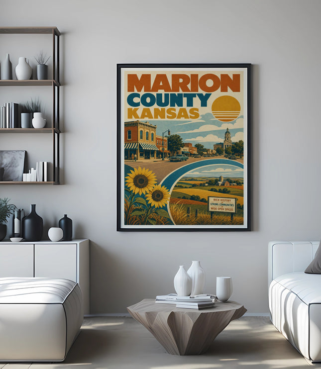 Marion County Kansas vintage travel poster with sunflowers and a town scene.