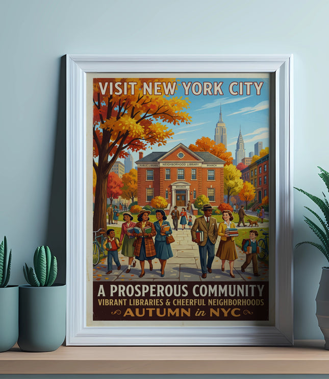 Visit New York City autumn poster with people, library, and city skyline.