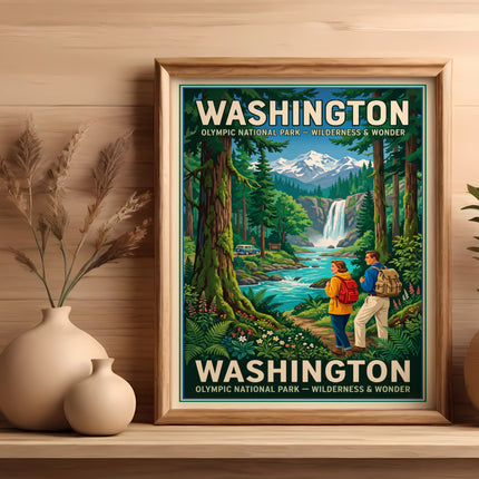 Washington Olympic National Park Wilderness & Wonder poster with hikers.