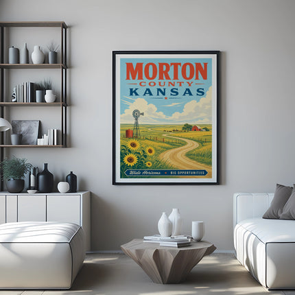 Morton County Kansas vintage travel poster with farm scene and windmill.