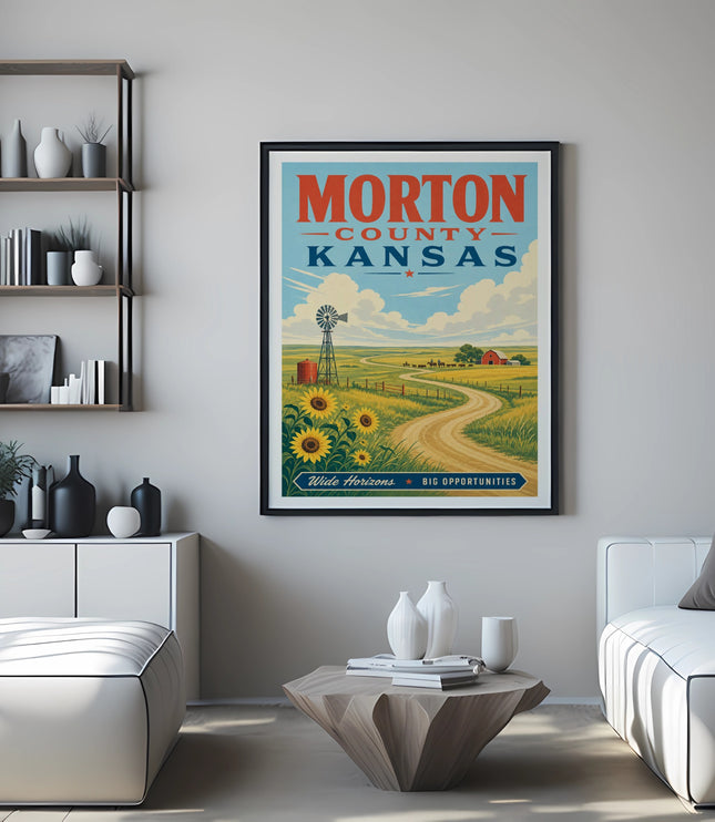 Morton County Kansas vintage travel poster with farm scene and windmill.