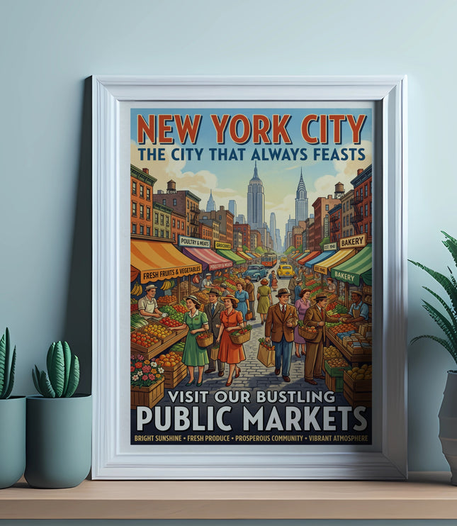 New York City public markets vintage travel poster with cityscape and people.