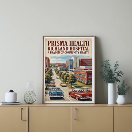 Prisma Health Richland Hospital vintage poster with retro cars and buildings.