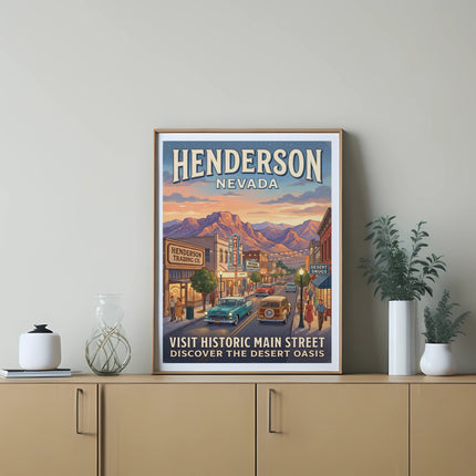 Vintage poster of Henderson, Nevada main street with classic cars and mountains.