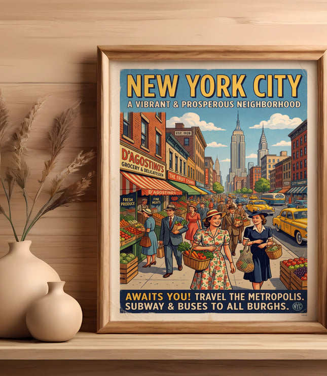 New York City vintage poster with Empire State Building, showing people shopping and yellow taxis.
