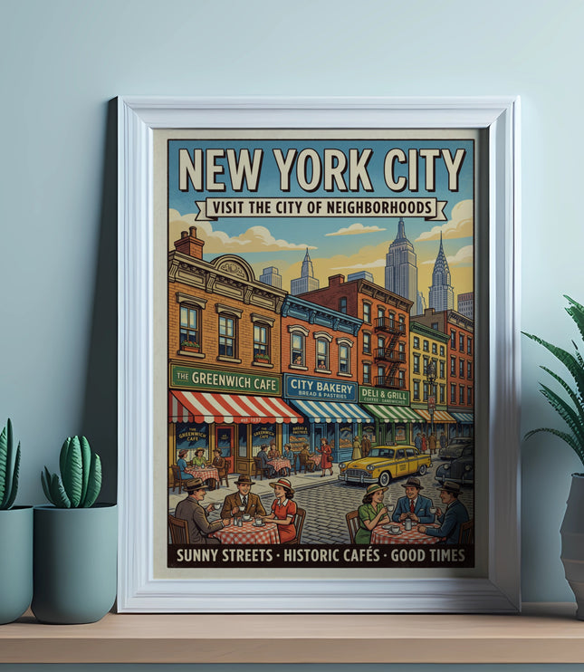 New York City poster with street scene, cafes, and text: "Sunny Streets, Historic Cafés, Good Times".