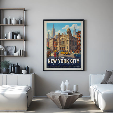 Vintage "Visit New York City" poster with historic buildings, cars, and text.