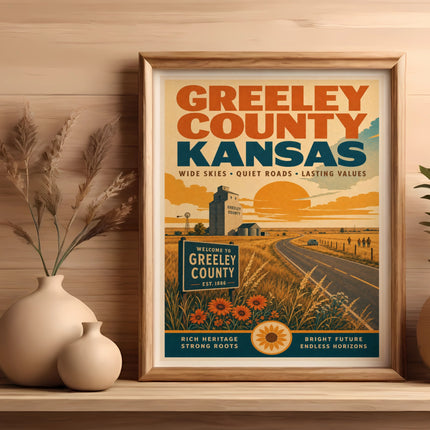 Greeley County Kansas travel poster with road, sunflower field, and vase.