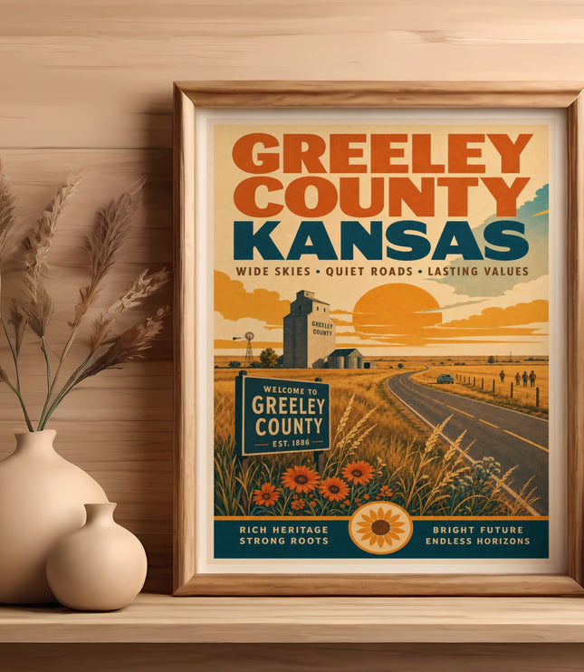 Greeley County Kansas travel poster with road, sunflower field, and vase.