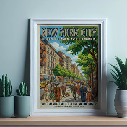New York City travel poster with vintage figures and text.